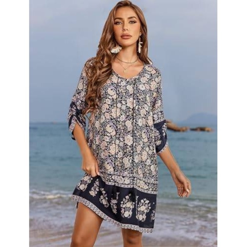 artsy black‎ blue boho vacation floral fairy travel beach S western midi Dress